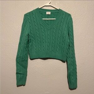 Aritzia Sunday Best Sweater Kelly Green Cropped Cable Knit Wool Blend LS Size M